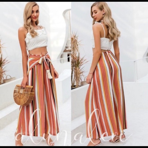 🌸 NEW 🌸 Front tie orange striped pants, boho - Picture 2 of 5